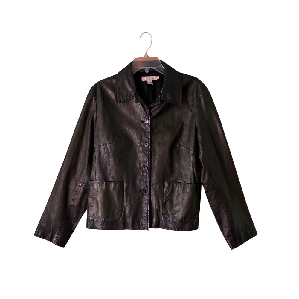 J. Crew Leather Jacket Black Green Oil Slick Irridescent Button Front (Size L)